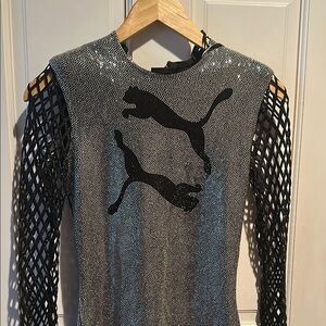 Balmain Silver and Black Mesh Sleeve Dress